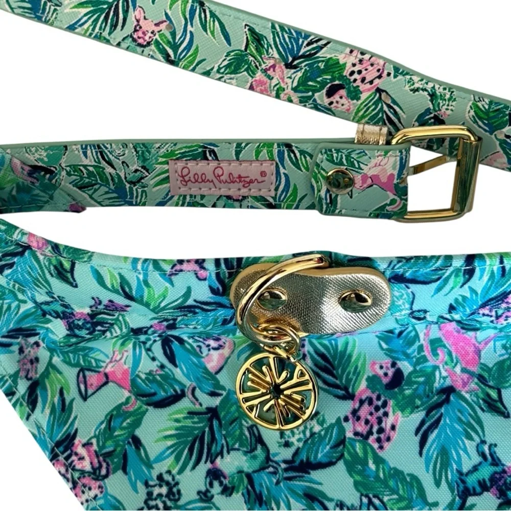 LILLY PULITZER LEATHER CANVAS DOG COLLAR Floral pup Bandana with Pendant M/L M L